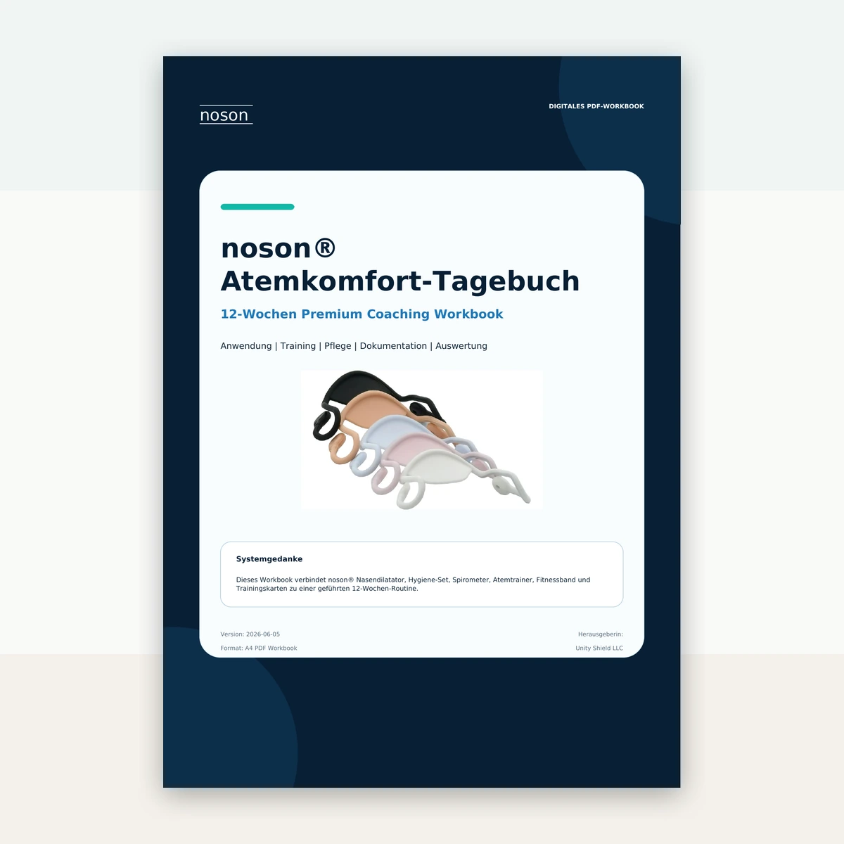 Echtes Frontcover des noson Atemkomfort-Tagebuchs als Acrobat-interaktives PDF mit Auswertung