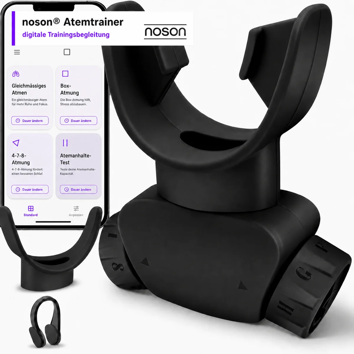 noson® Atemtrainer schwarz Produktfoto mit Trainingsapp