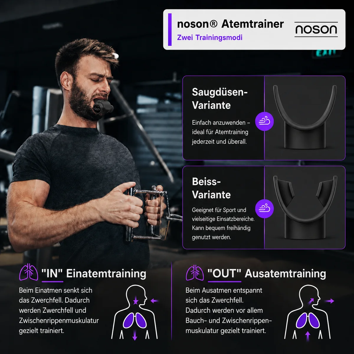 noson® Atemtrainer schwarz mit zwei Modi für Einatmung und Ausatmung