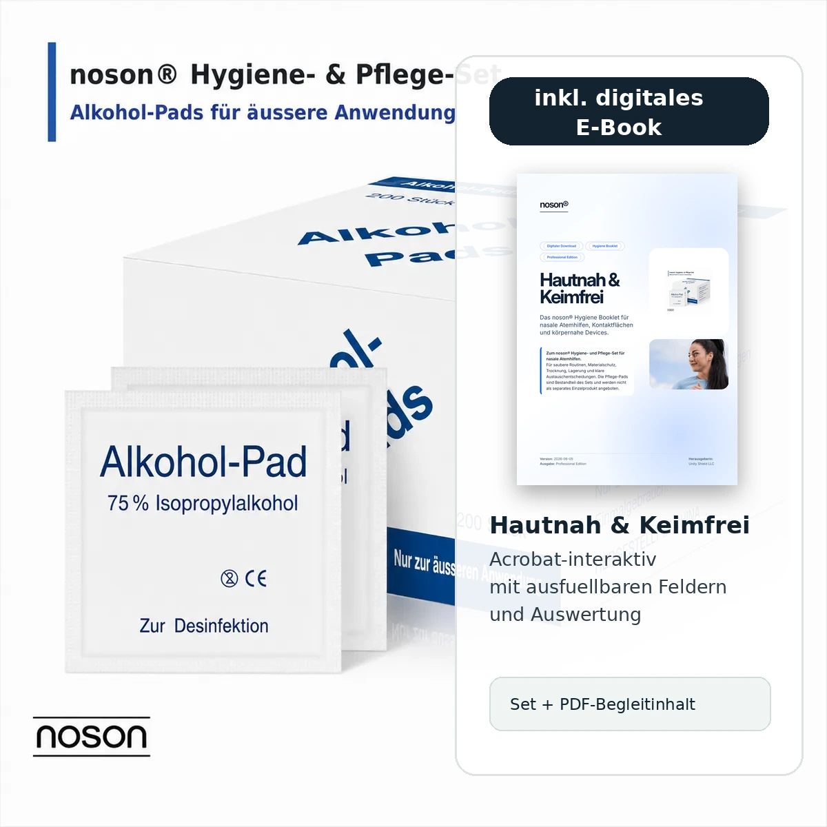 noson Hygiene- und Pflege-Set mit Alkohol-Pads und enthaltenem digitalen Hygiene E-Book